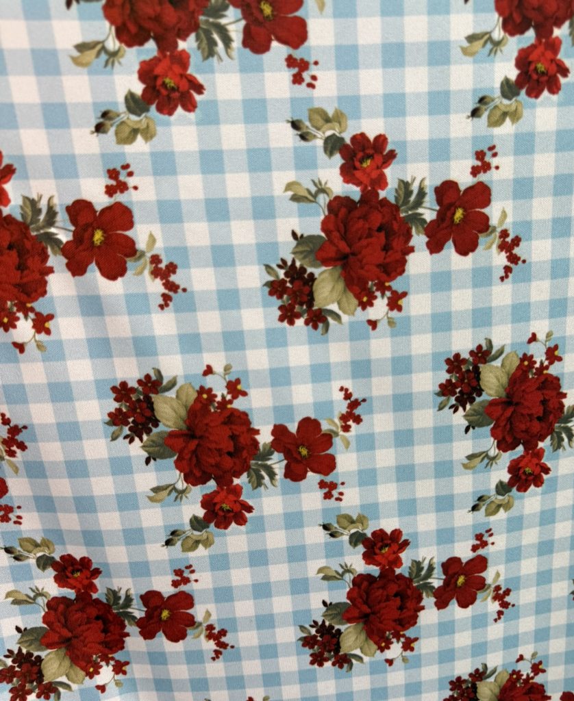 Tela de Flamenca Vichy Celeste con Flores Rojas – Politecno